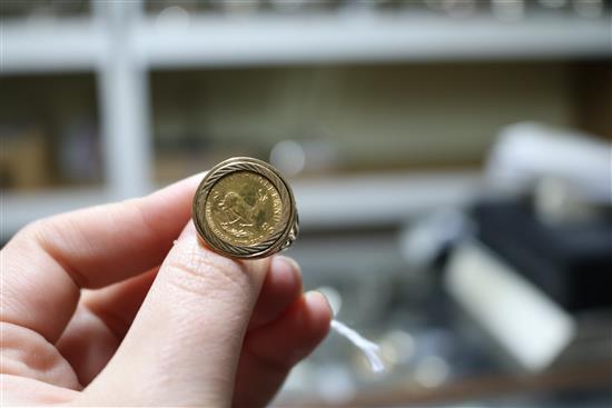 A 1896 1/10 gold krugerrand in 9ct gold ring setting, size S.